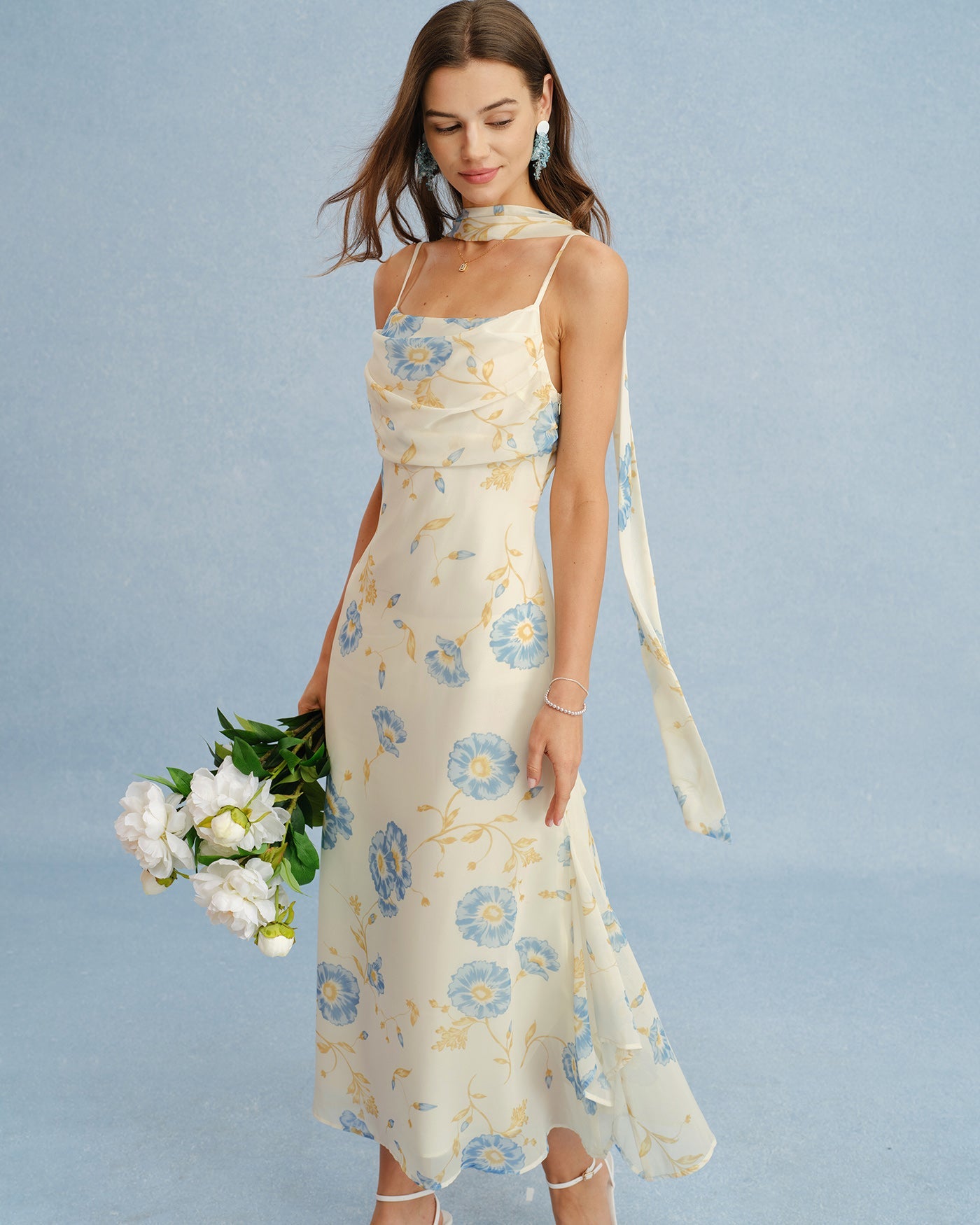 Chiffon Maxi Dress with Beige Floral Tie