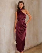 Wine Red Satin One-Shoulder Maxi Gown