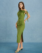 Emerald One-Shoulder Ruched Maxi Dress