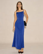 Solid Blue Maxi Dress with Zipper Detail