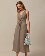 Plaid Maxi Dress in Brown with V-Neck Design