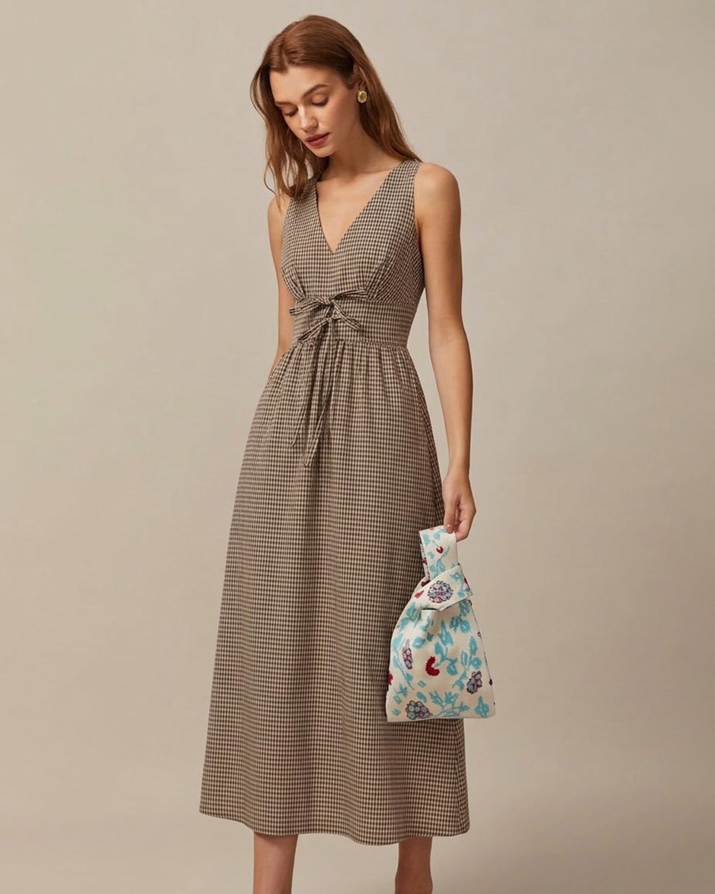 Plaid Maxi Dress in Brown with V-Neck Design
