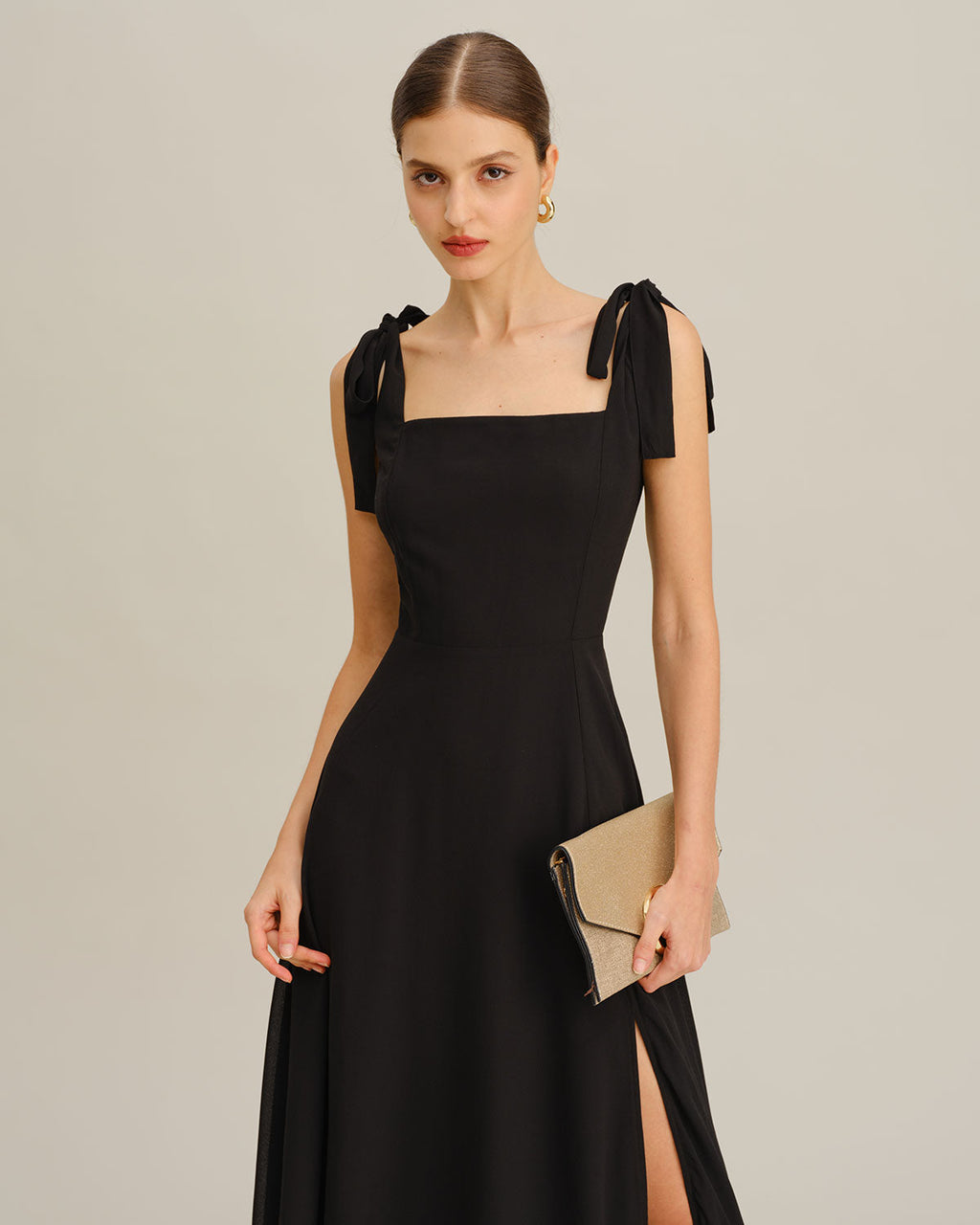 Maxi Dress with Tie Straps in Black Chiffon