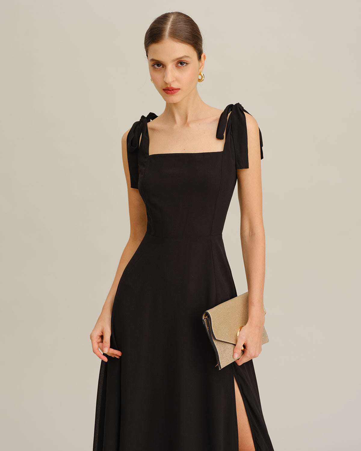 Maxi Dress with Tie Straps in Black Chiffon