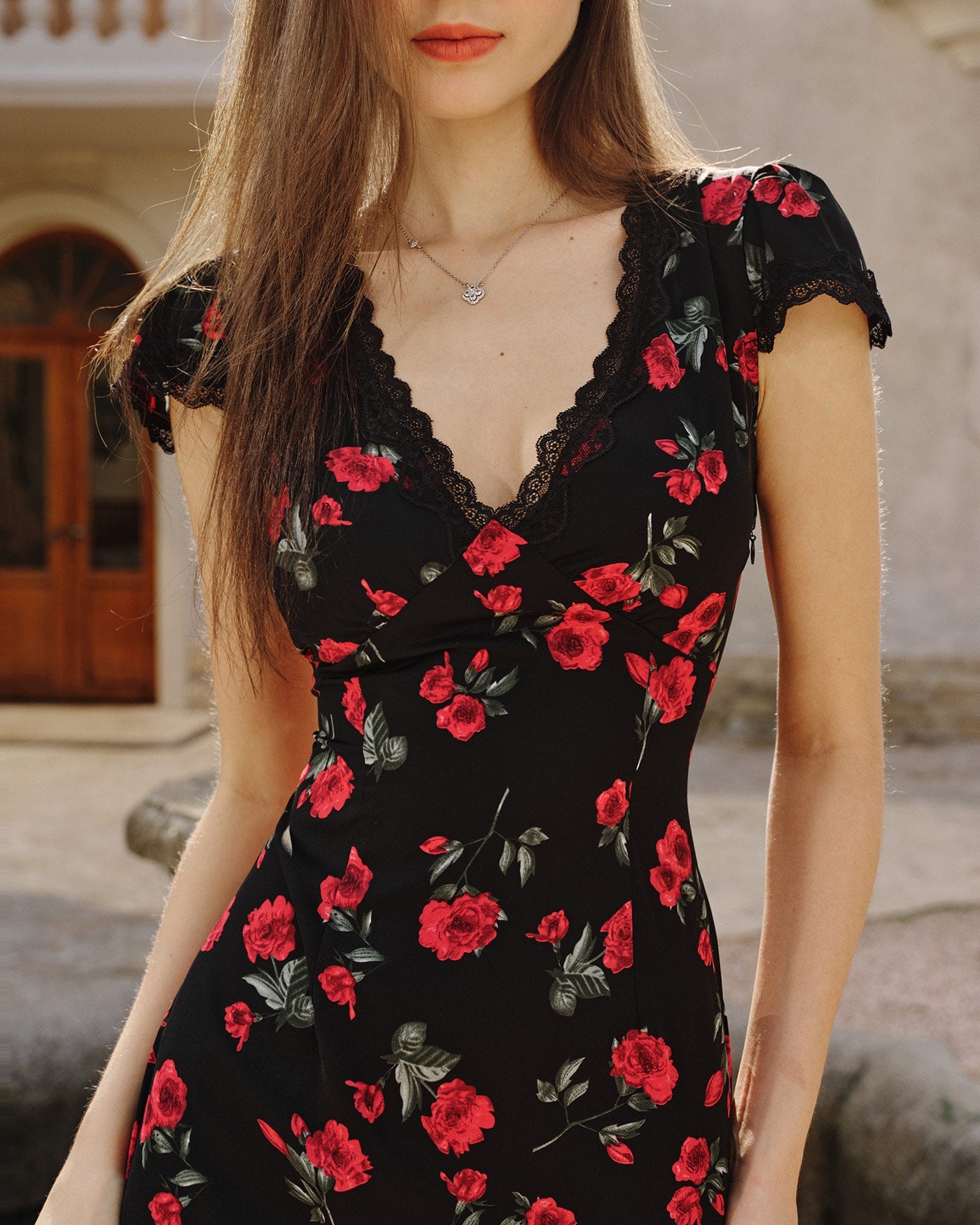 Floral Print V-Neck Maxi Dress in Black