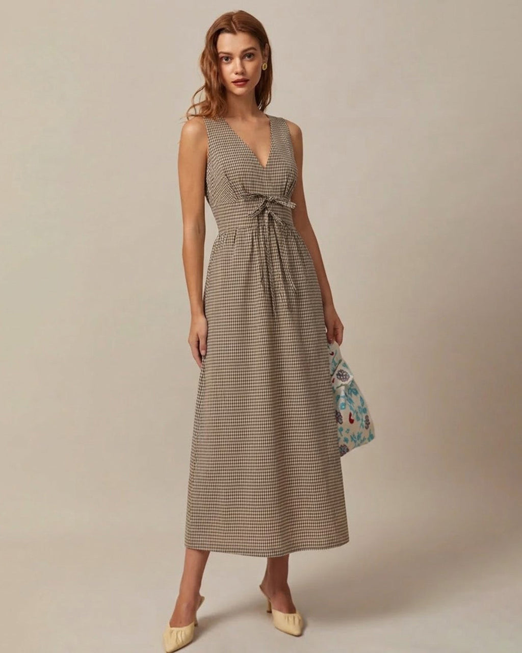 Plaid Maxi Dress in Brown with V-Neck Design