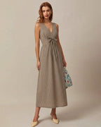 Plaid Maxi Dress in Brown with V-Neck Design