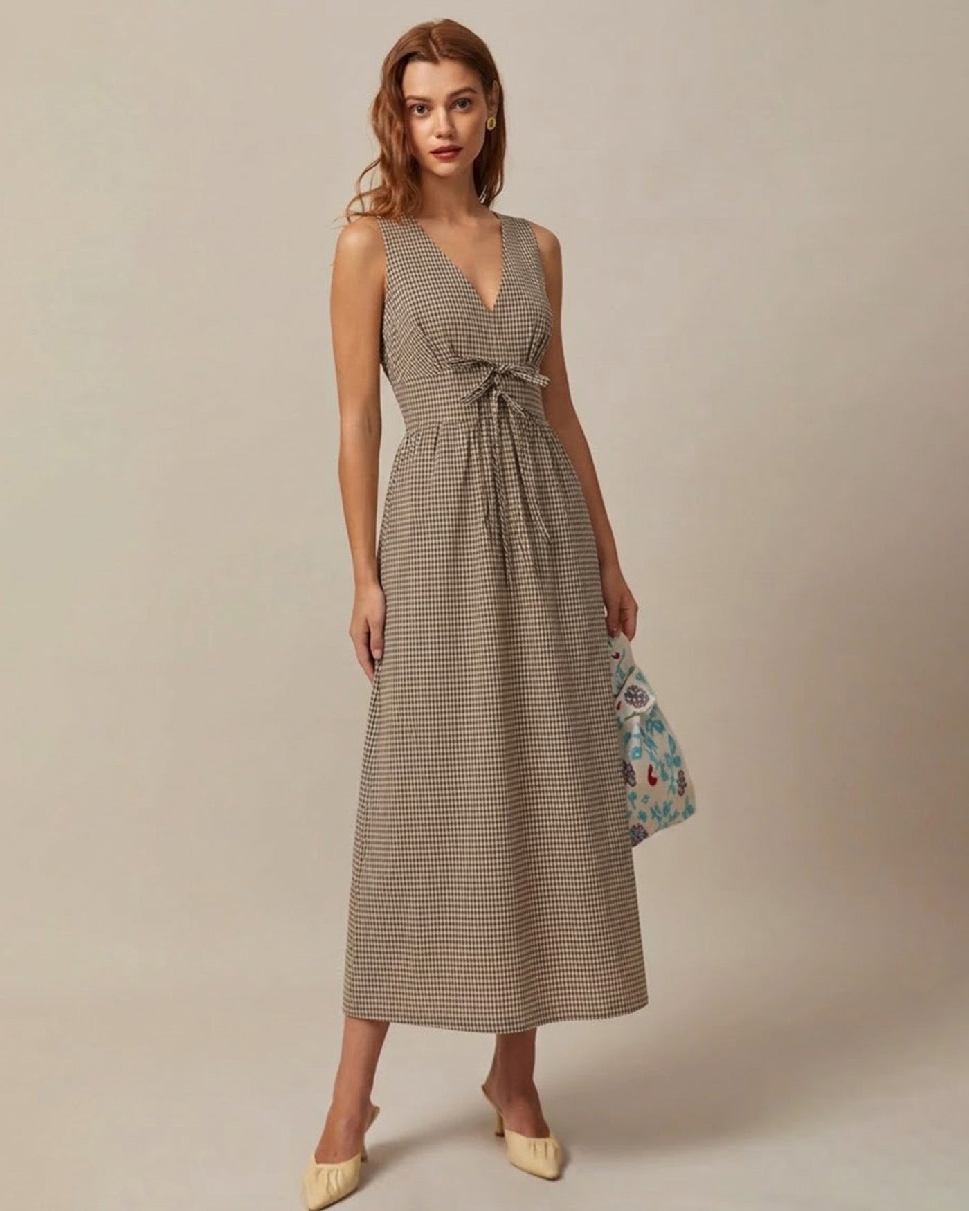 Plaid Maxi Dress in Brown with V-Neck Design