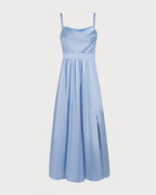 Ruched Maxi Dress in Blue Satin
