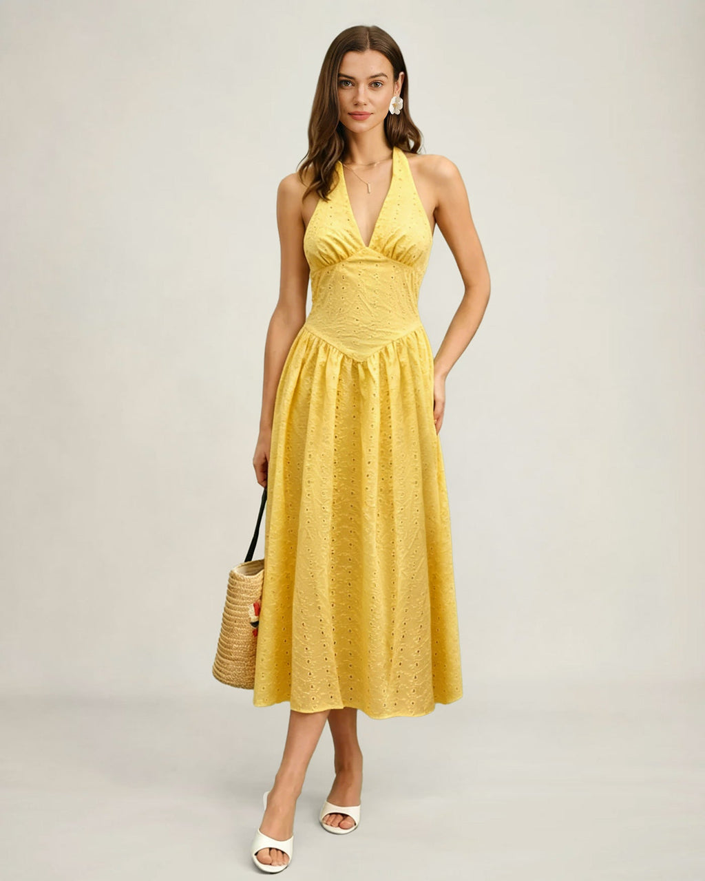 Textured Yellow Maxi Dress with Halter Cut-Out Design