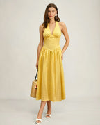 Textured Yellow Maxi Dress with Halter Cut-Out Design