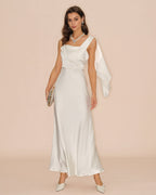 Off-White Satin Maxi Dress with Square Neckline