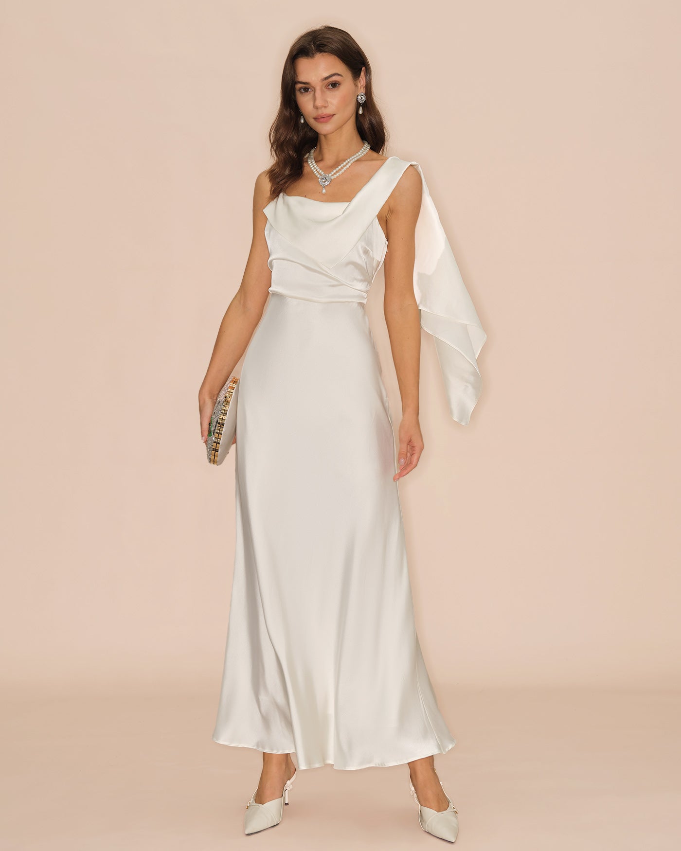 Off-White Satin Maxi Dress with Square Neckline