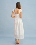 Maxi Dress with White Square Neck and Lace Floral Design