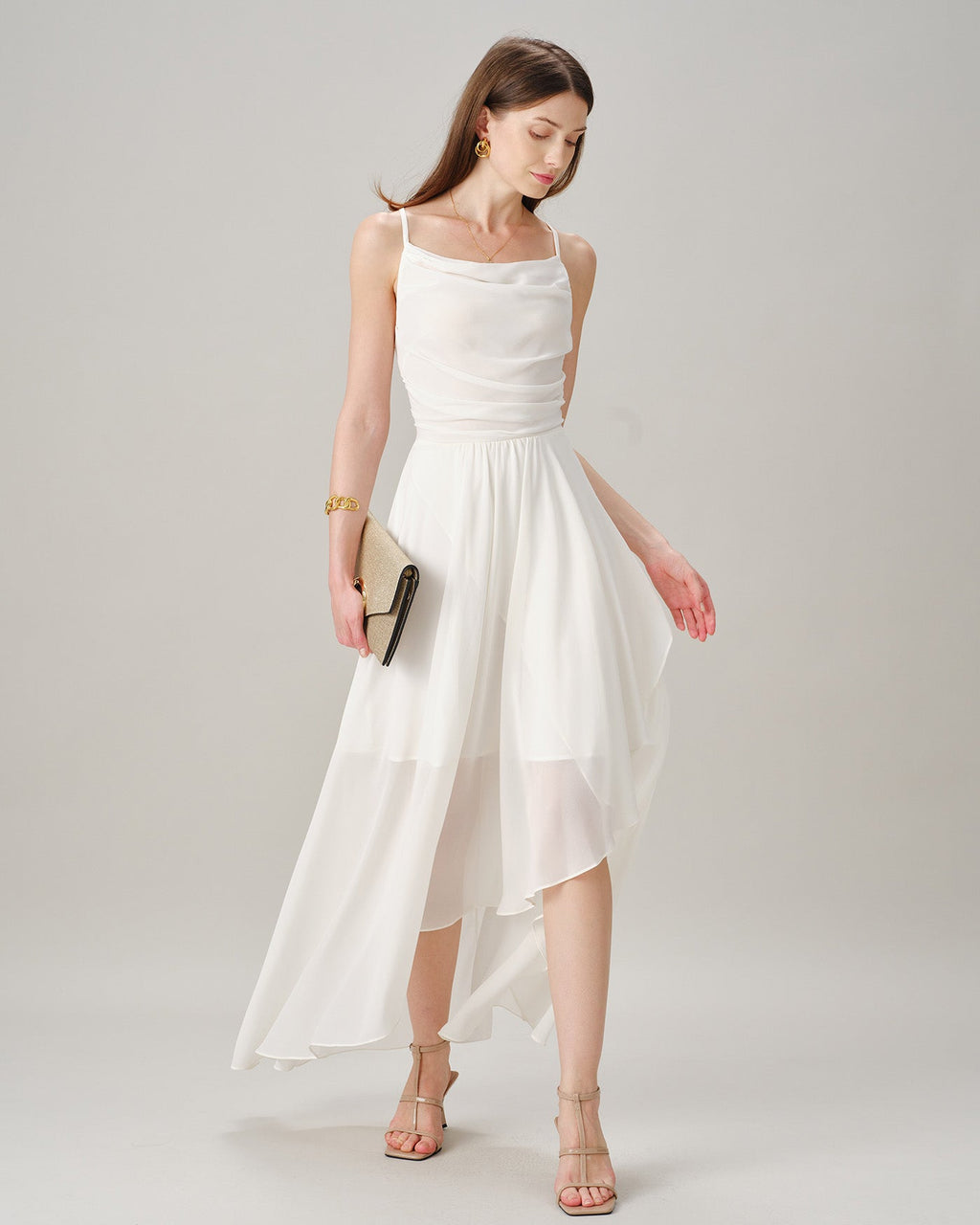 Beige Cross-Back Chiffon Maxi Dress