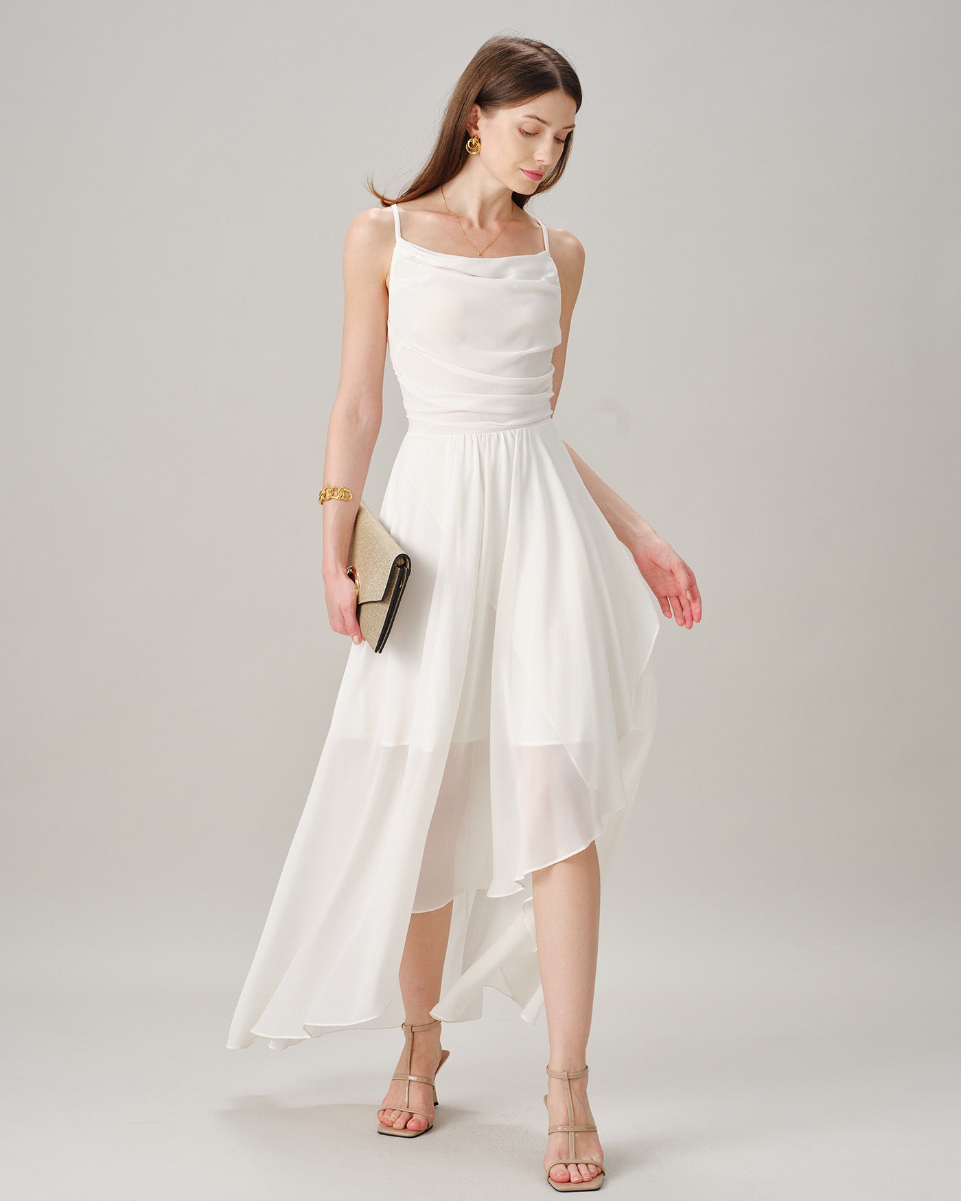Beige Cross-Back Chiffon Maxi Dress