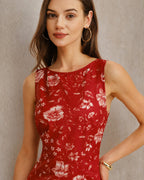 Floral Slit Maxi Dress with Red Boat Neck