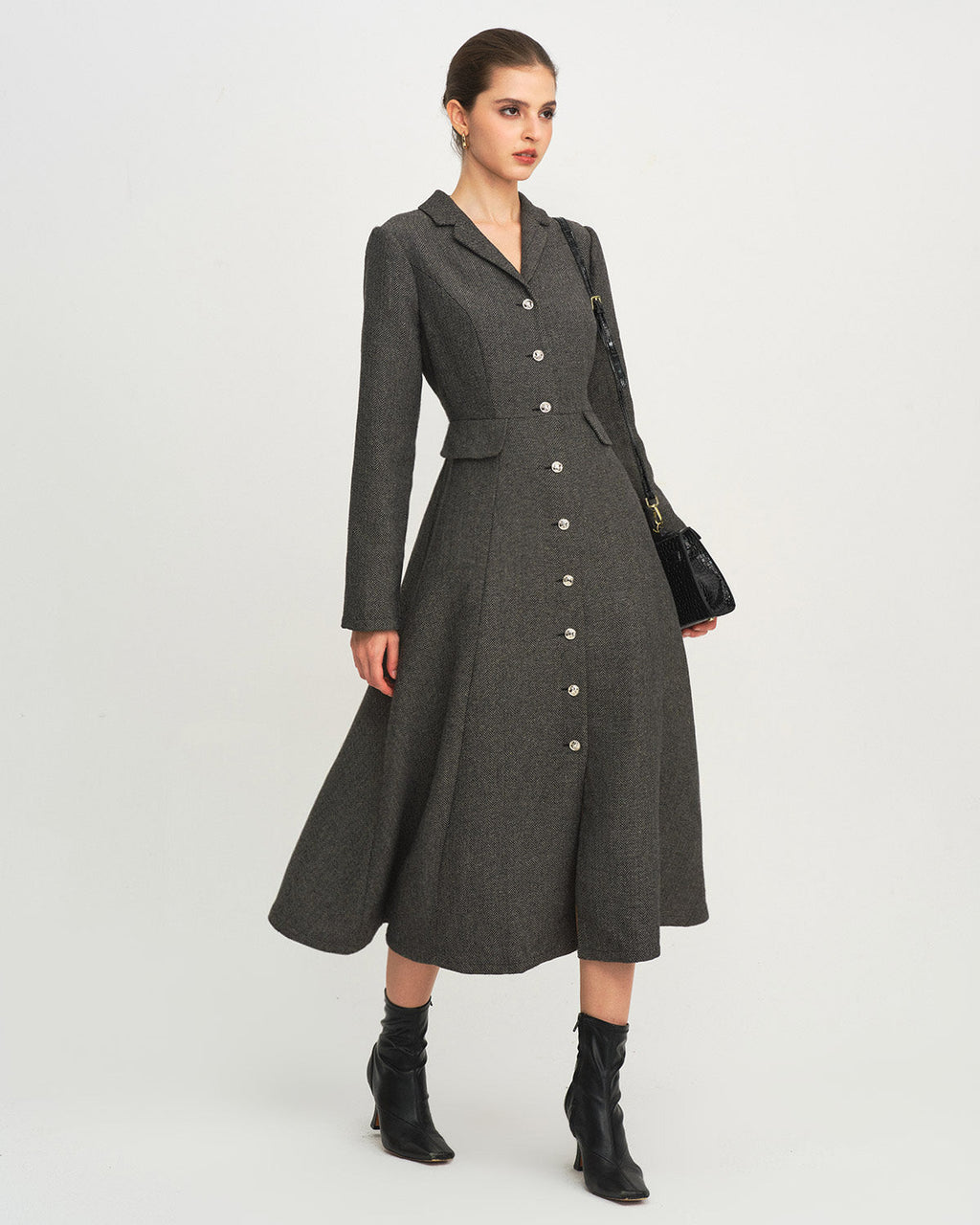 Maxi Dress in Grey with A-Line Silhouette and Button Details