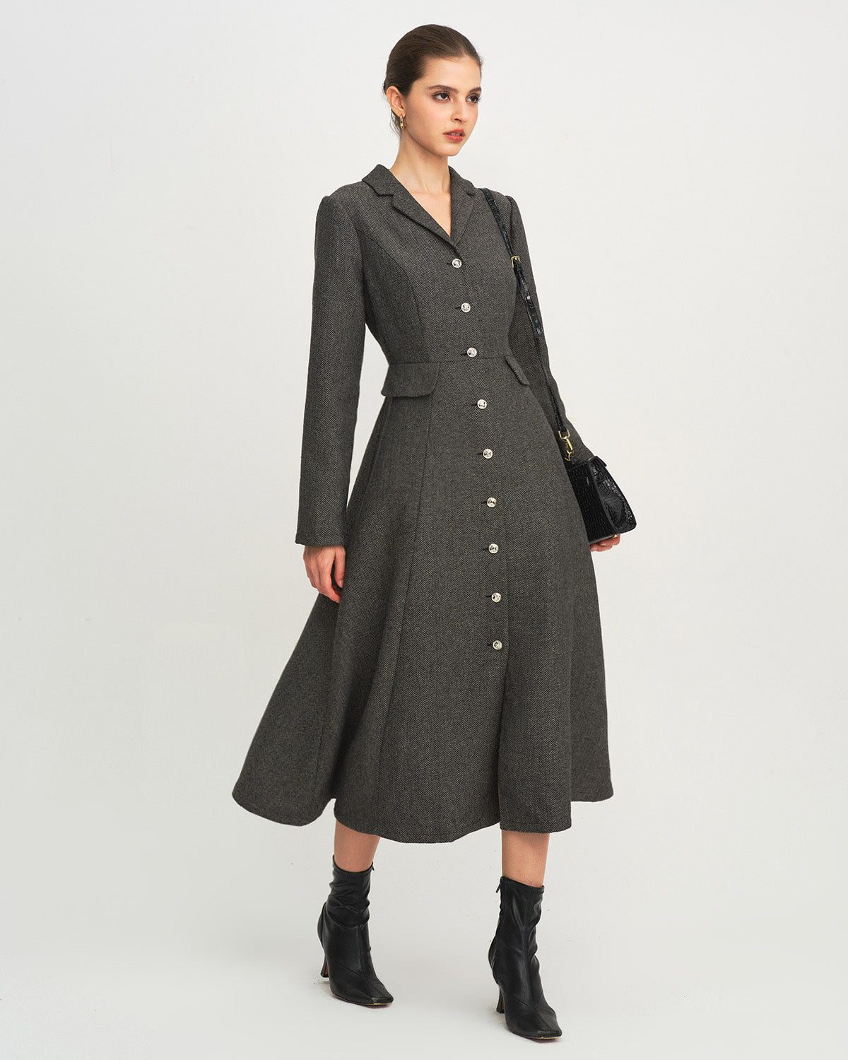 Maxi Dress in Grey with A-Line Silhouette and Button Details