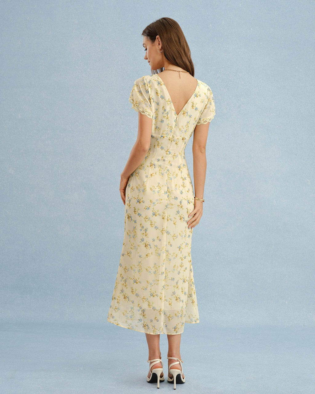 Floral Lace Maxi Dress with V-Neck in Yellow