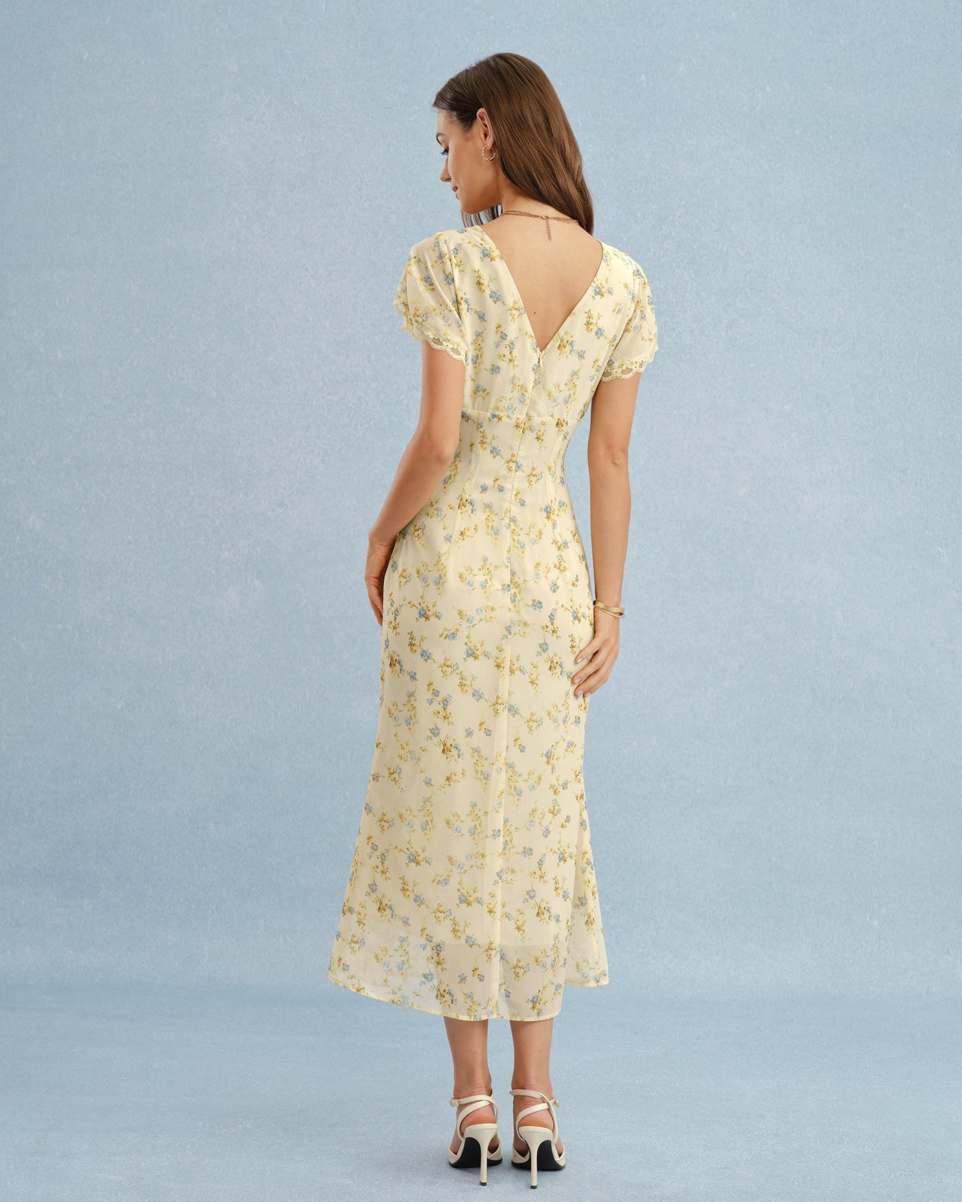 Floral Lace Maxi Dress with V-Neck in Yellow