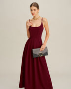 Pleated Maxi Dress in Wine Red