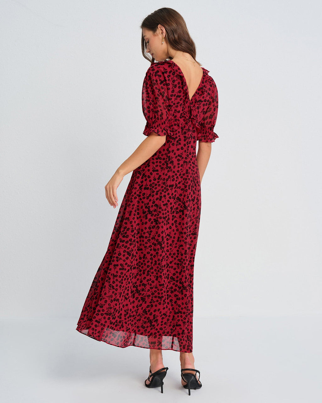 Floral Maxi Dress with V-Neck in Red
