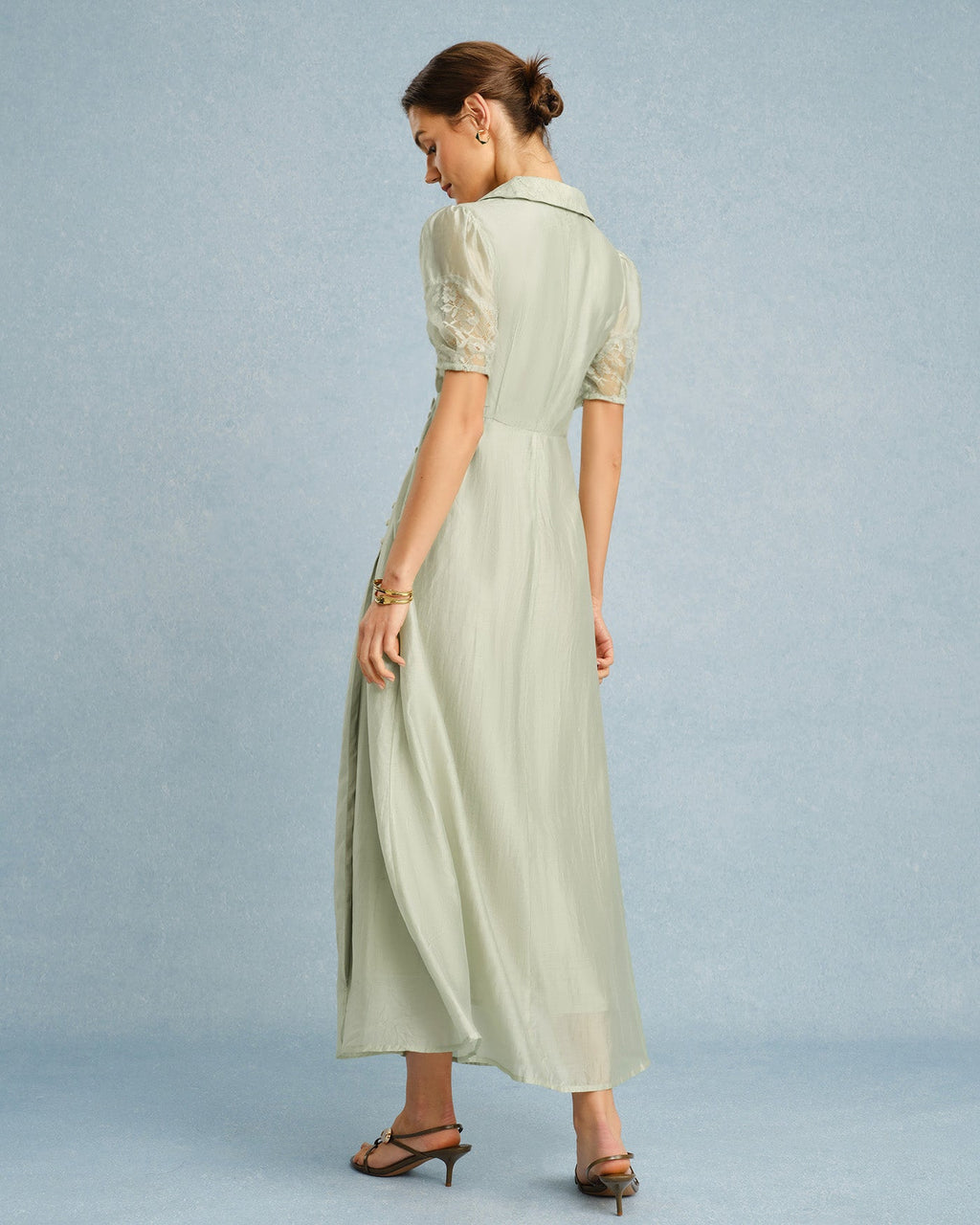 Maxi Dress with V Neck and Button Detail in Green