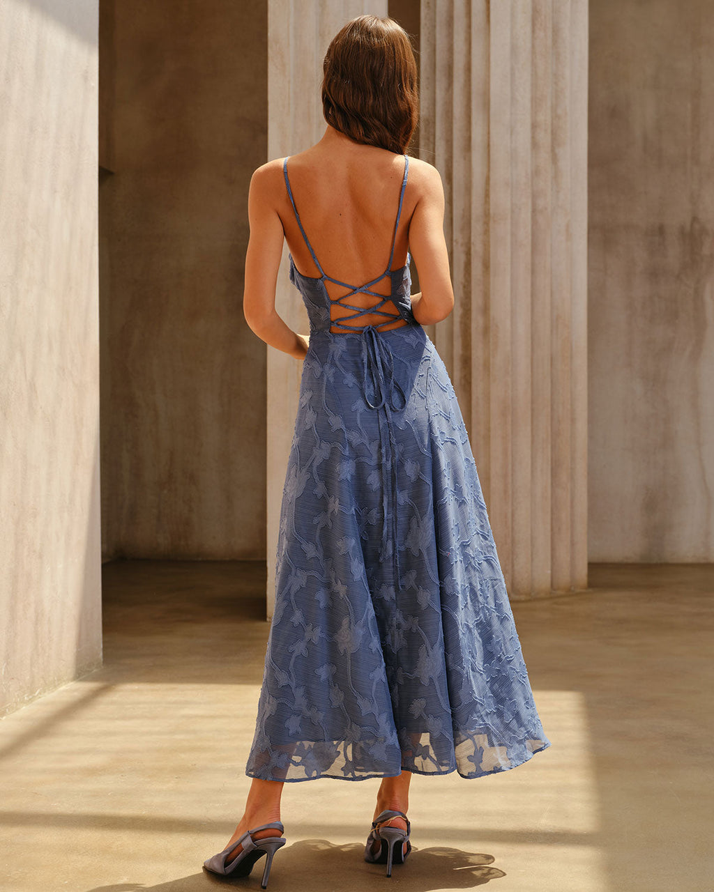 Ruched Maxi Dress in Blue Jacquard