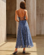 Ruched Maxi Dress in Blue Jacquard