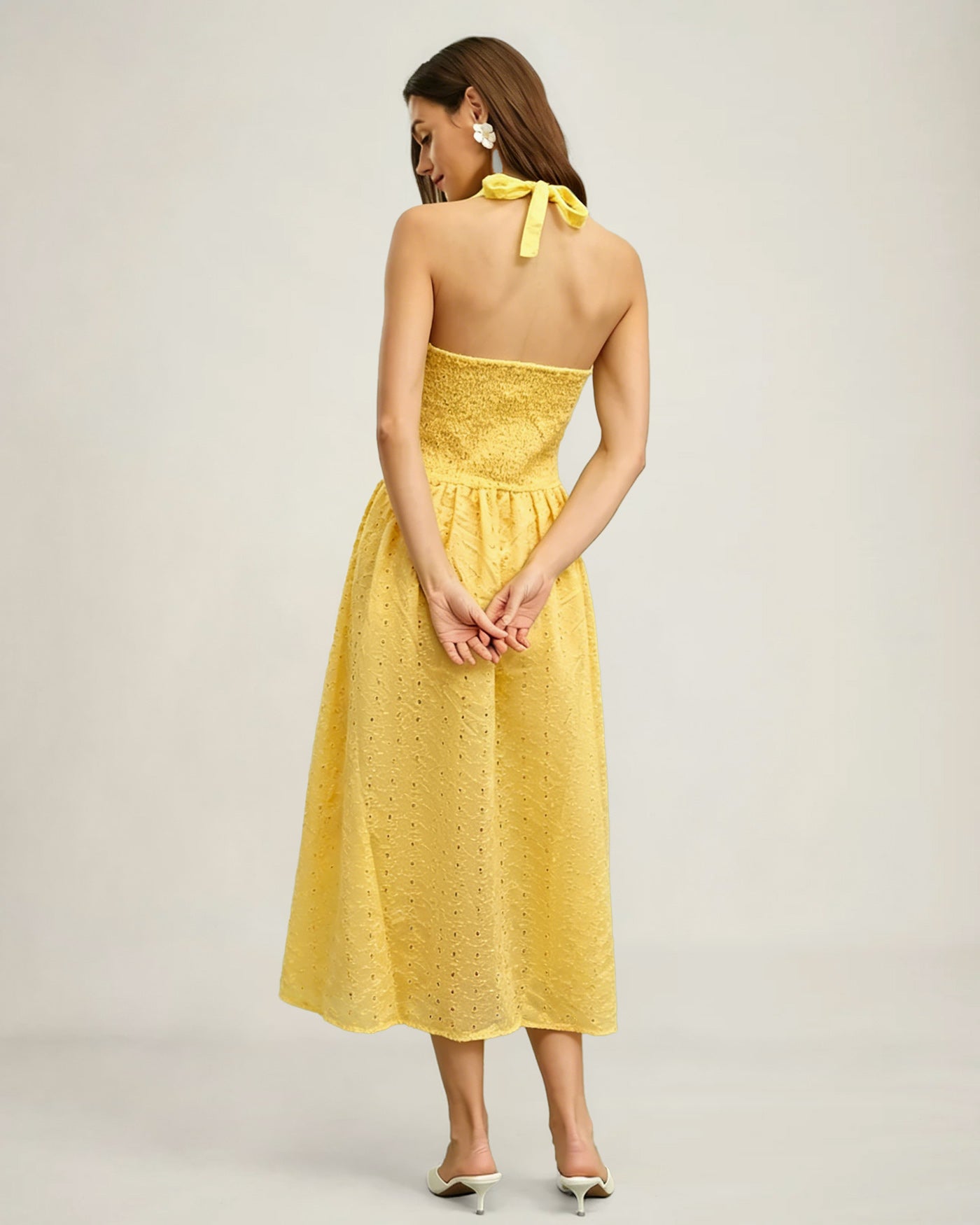 Textured Yellow Maxi Dress with Halter Cut-Out Design