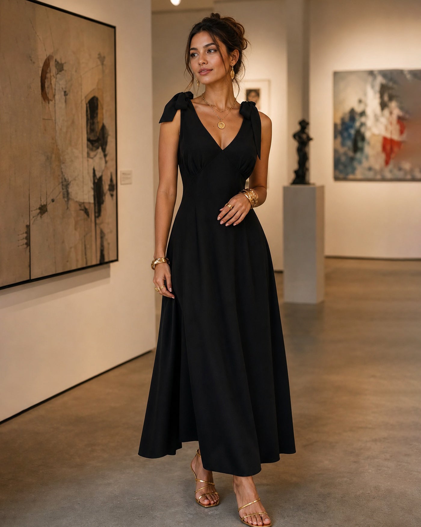Black A-Line Maxi Dress with Tie Straps