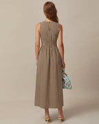 Plaid Maxi Dress in Brown with V-Neck Design