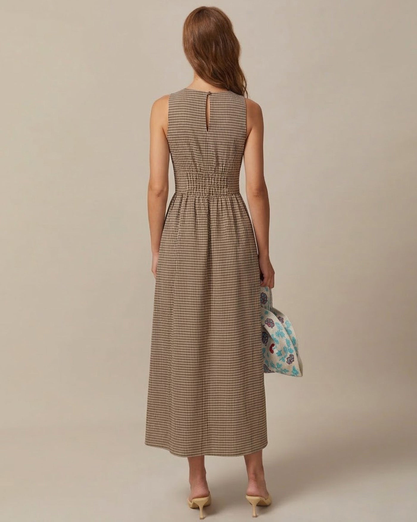 Plaid Maxi Dress in Brown with V-Neck Design