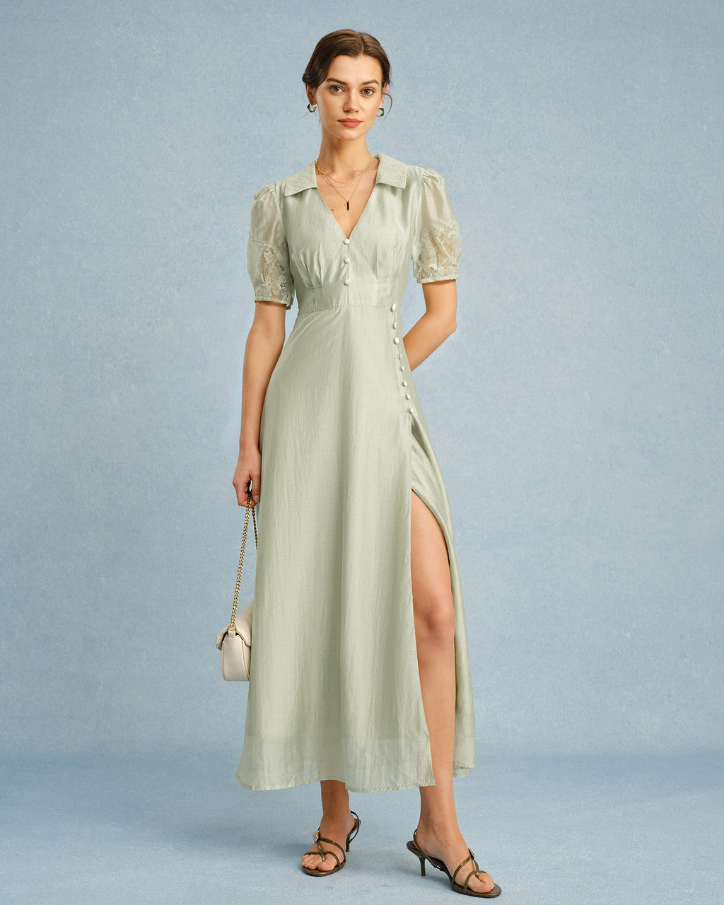 Maxi Dress with V Neck and Button Detail in Green