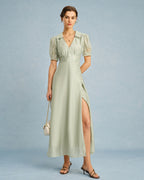 Maxi Dress with V Neck and Button Detail in Green