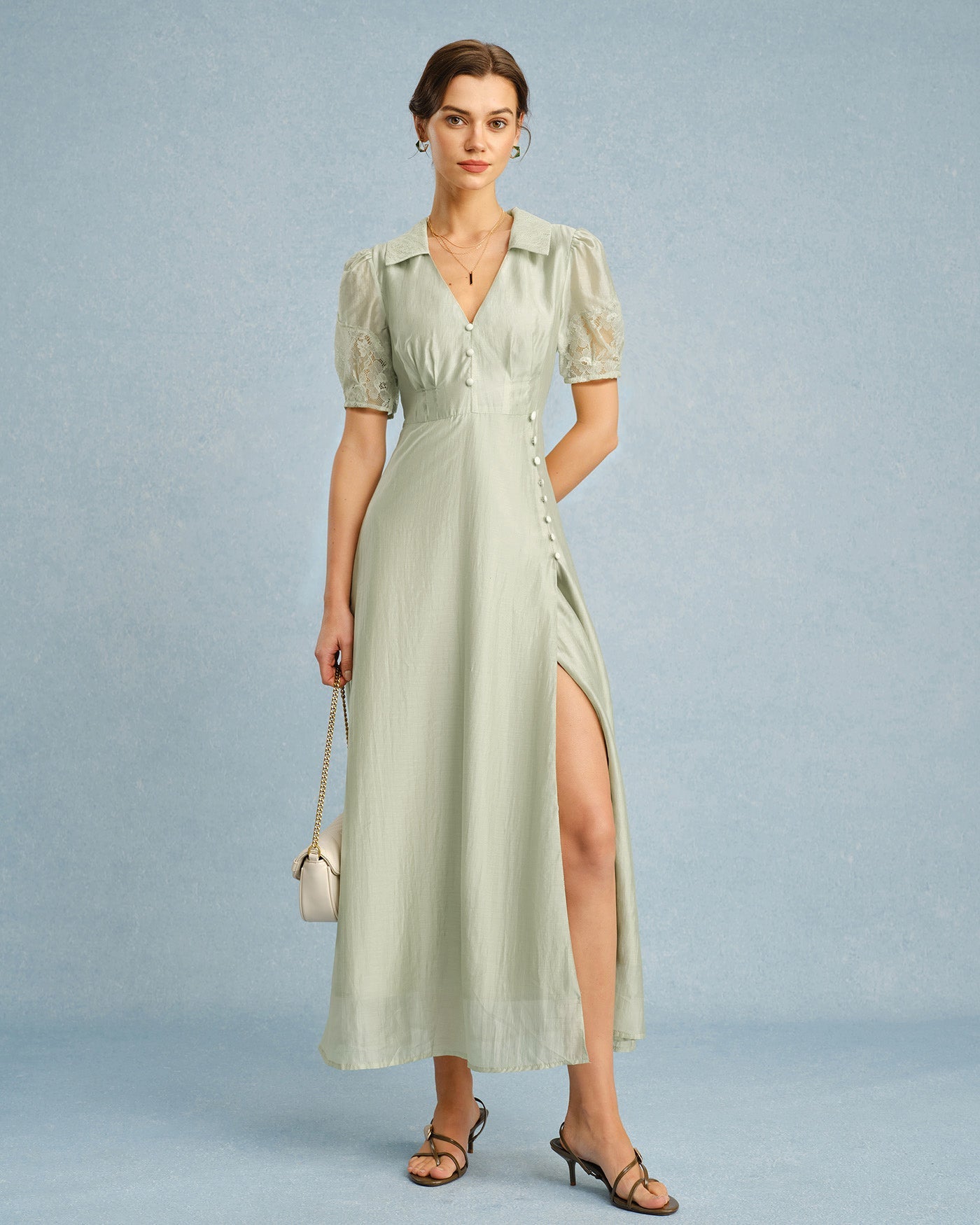 Maxi Dress with V Neck and Button Detail in Green