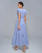 Textured Blue Maxi Dress with V-Neck and Button Details