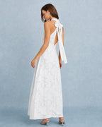White Maxi Dress with Backless Design and Bowknot Detail