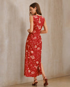 Floral Slit Maxi Dress with Red Boat Neck