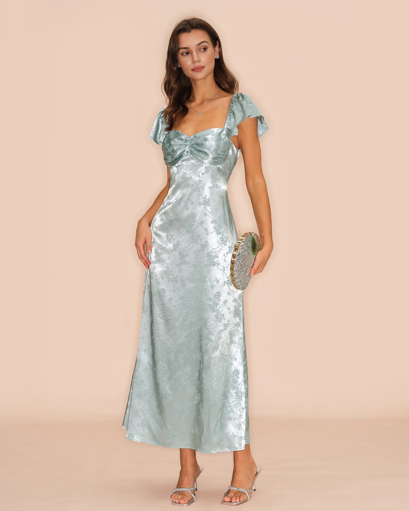 Floral Maxi Dress with Sweetheart Neckline in Green
