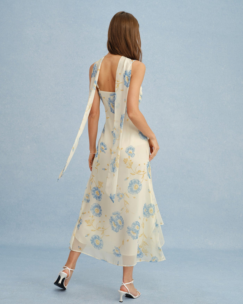 Chiffon Maxi Dress with Beige Floral Tie