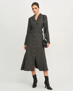 Maxi Dress in Grey with A-Line Silhouette and Button Details
