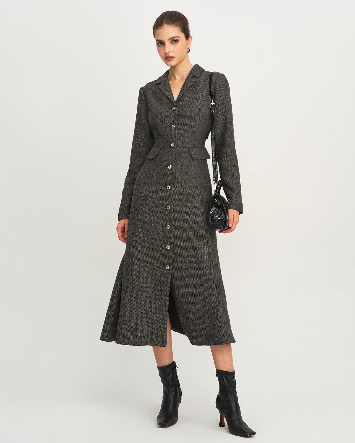 Maxi Dress in Grey with A-Line Silhouette and Button Details