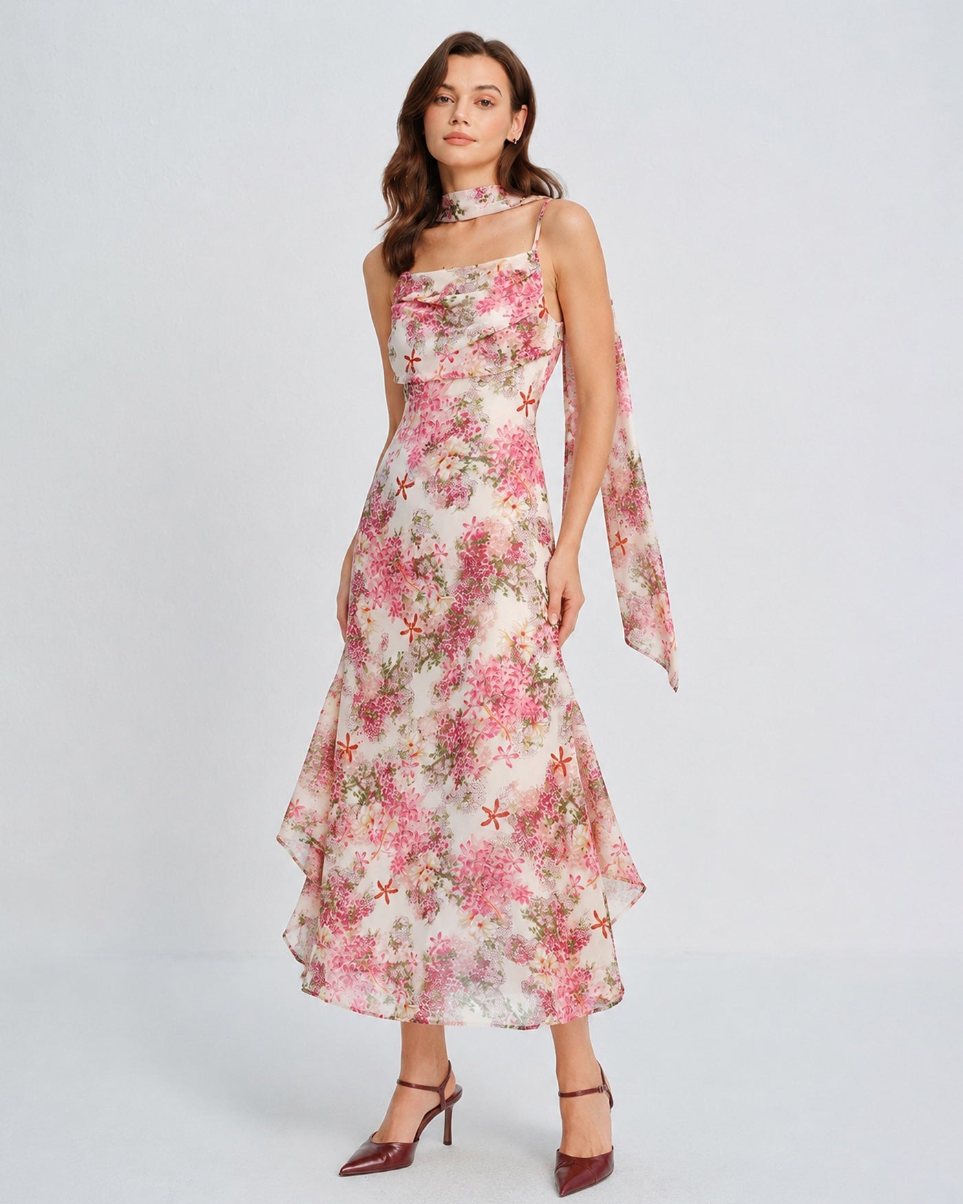 Floral Pink Chiffon Maxi Dress with Slip Design