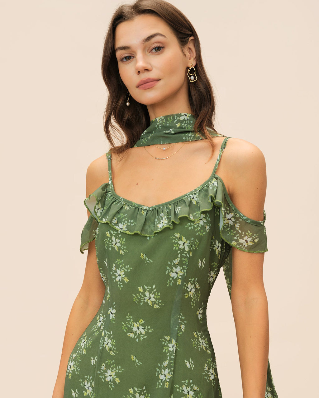 Floral Maxi Dress with Ruffled V-Neck in Green