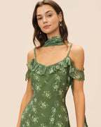Floral Maxi Dress with Ruffled V-Neck in Green