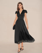 Maxi Dress with Black V-Neck and Lace Puffed Sleeves