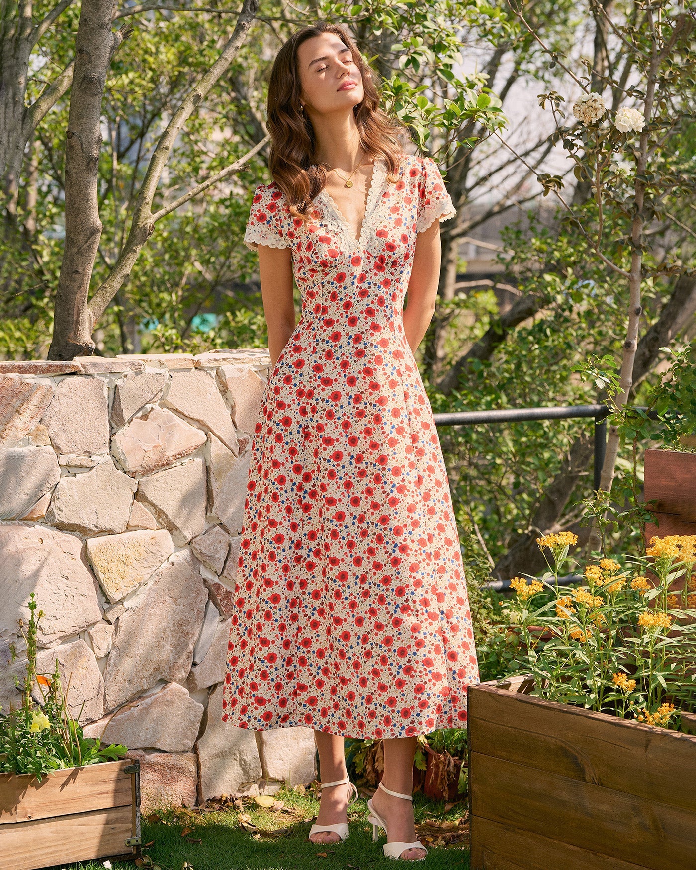 Floral Lace Maxi Dress with Red V-Neck