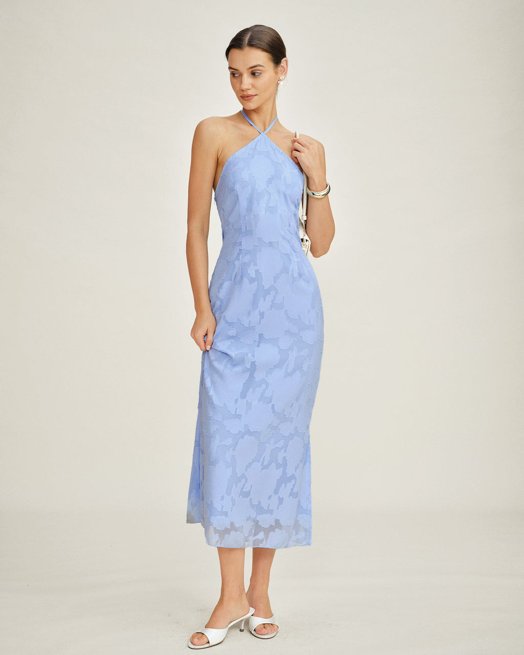 Blue Jacquard Halter Maxi Slip Dress